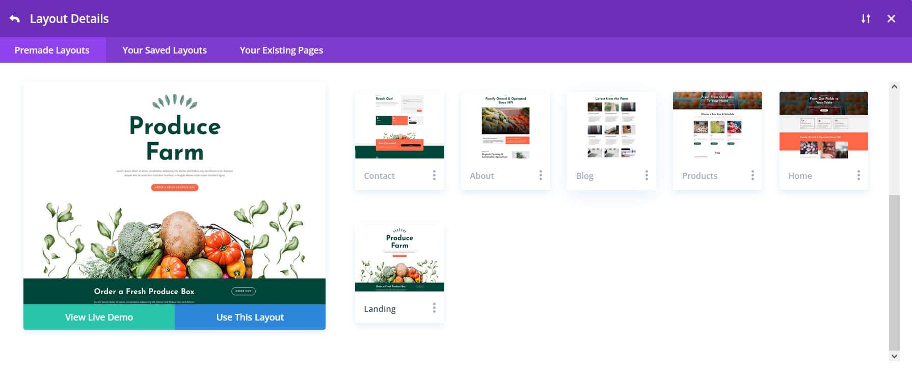 Divi Produce Farm layout pack